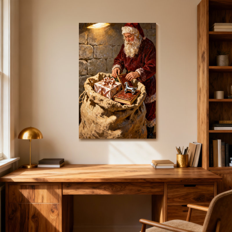 Noël père Noël emballant des cadeaux dans un sac, H 18 po x l 12 po