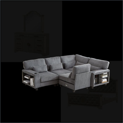 Canapé modulaire en velours côtelé modulaire à 5 places avec rangement et amp; Porte-gobelets pour salon | Noir | Velours côtelé