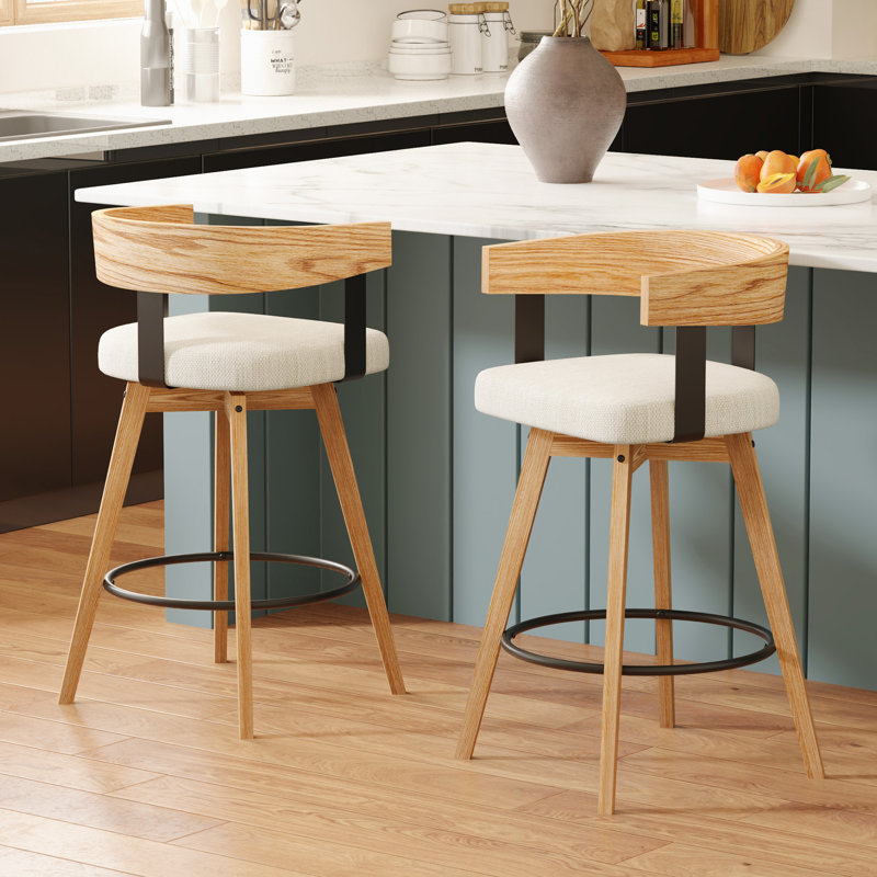 Ensemble de 2 tabourets de bar pivotants 26 po avec dossier incurvé moderne et structure en bois massif - Beige lin