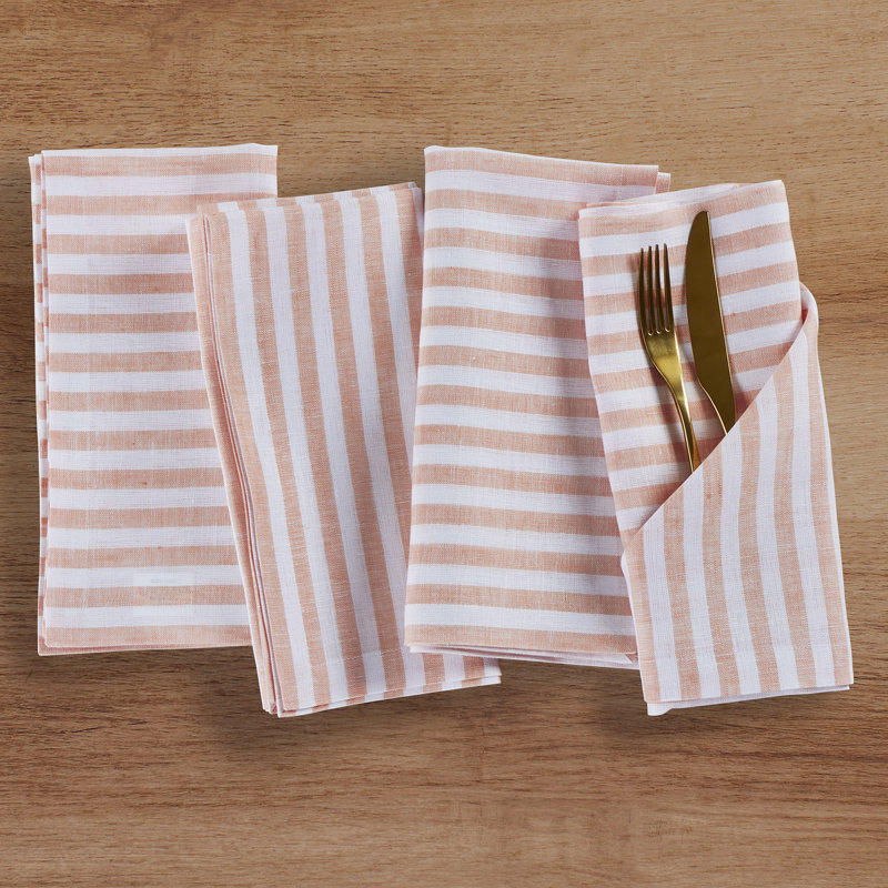 Amalfi Stripe - 100% Pure Linen Dinner Napkins, Coral/White