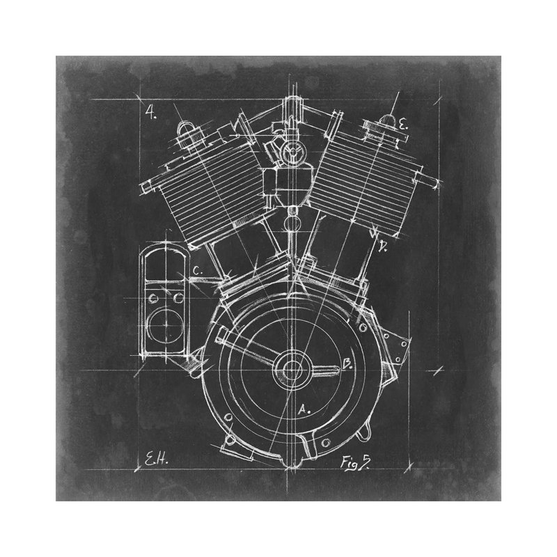"Moto Engine Blueprint IV" par Ethan Harper, reproduction d’art, H 18 po x l 18 po x 1,5 po, Toile tendue, Pas de tapis