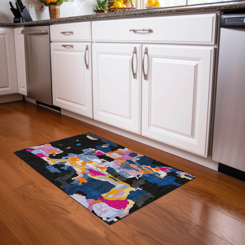 Black Abstract Washable Synthetic Rectangular Rug 20" x 30"