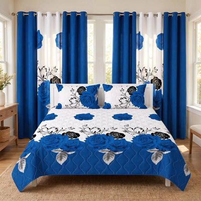 Ensemble de literie et de rideaux pour grand lit 9 pièces bleu royal et rose noire (grand) - Couvre-lit matelassé en microfibre + voilages