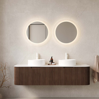 Meuble-lavabo mural 60 po avec 2 tiroirs, 2 lavabos ronds en céramique et fil à bois 3D pré-assemblé