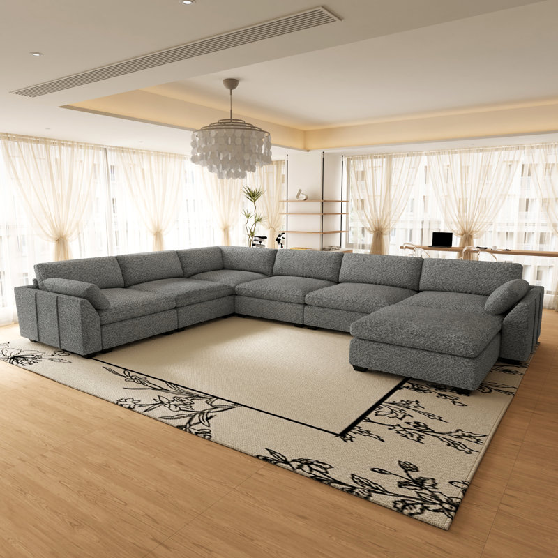 Canapé d'angle 5 places en chenille imperméable avec pouf et siège d'angle, Light Grey Chenille