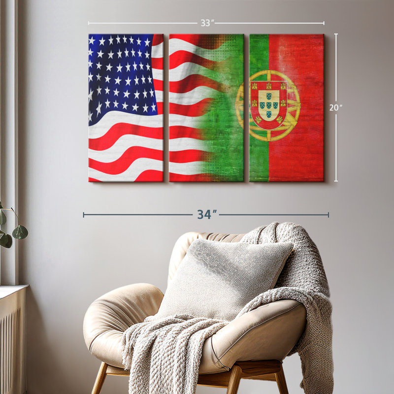 «USA and Portugal Flags», 3 pièces, H 20 po x l 33 po