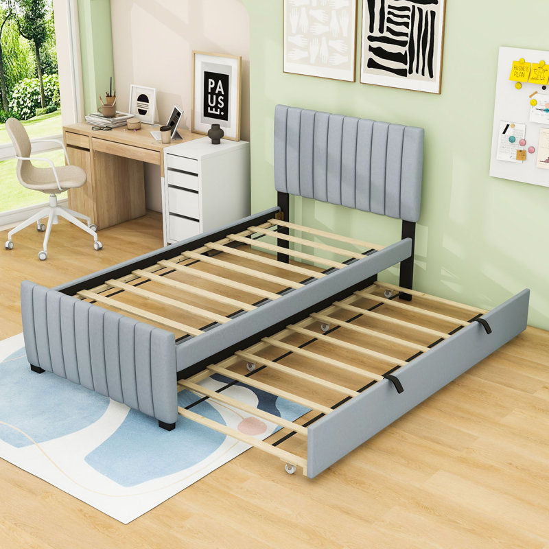 Lit plateforme double tapissier avec lit gigogne, Twin, gris