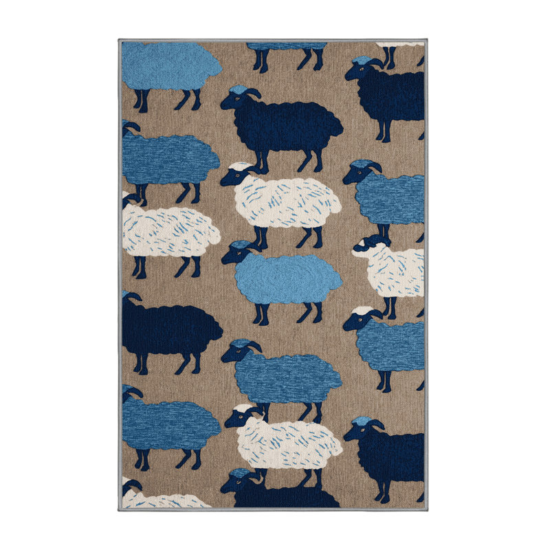 Tapis bleu à motif de moutons lavables , Rectangulaire 3 pi x 5 pi