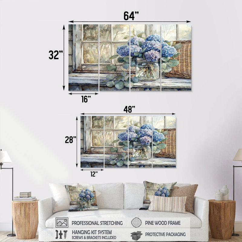 Hortensias et eucalyptus I - Art mural hortensia - Art mural traditionnel, 4, H 28 po x l 48 po