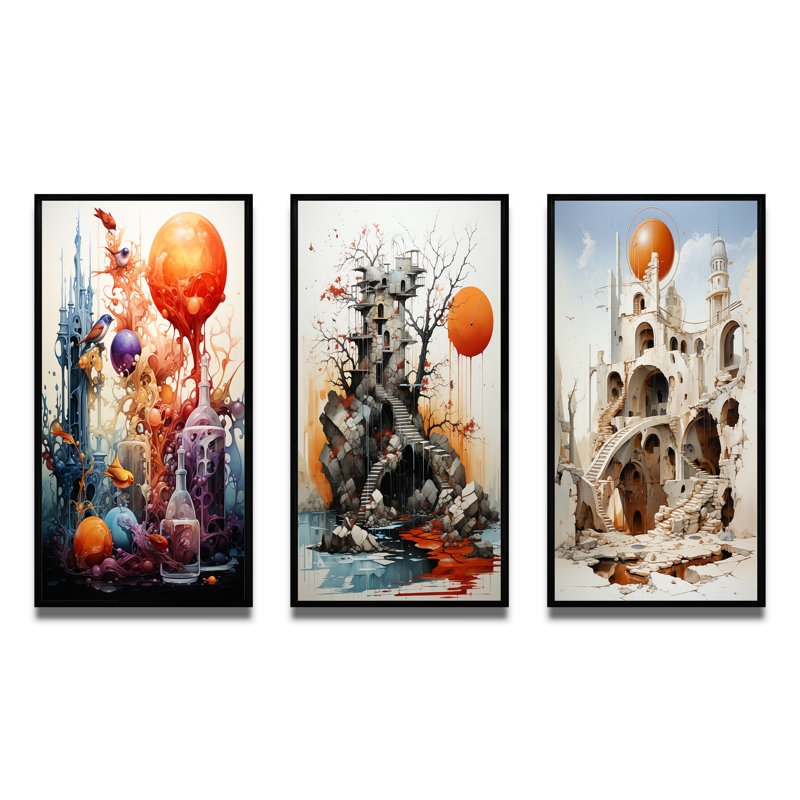 "Surréalisme, réalité quotidienne" - 3 pièces sur toile, Cadre noir, H 40 po x l 20 po