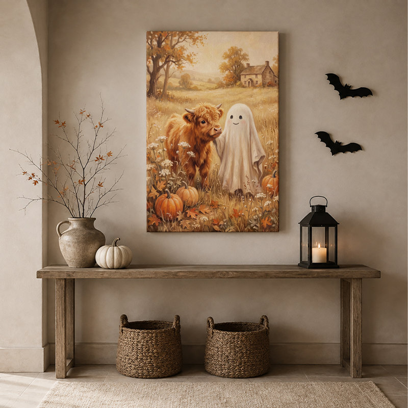 Art mural sur toile Highland Cow and Ghost in Autumn Field, H 36 po x l 24 po