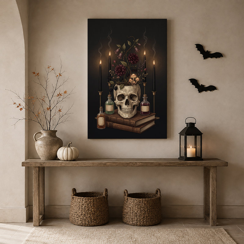 Art mural sur toile Halloween crâne avec fleurs et champignons, H 18 po x l 12 po
