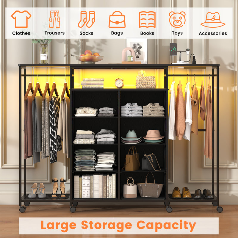 59.1" W Dresser for Bedroom with Hanging Rack, 8 Drawer Dresser with LED Lights & Charging Station, Fabric Dressers with Portable Wheels,Metal Frame, Wooden Top