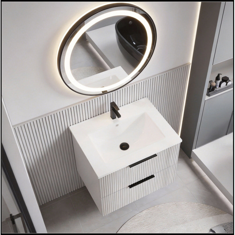 Meuble-lavabo flottant gris moderne de 30 pouces avec lavabo en céramique et tiroirs spacieux, idéal pour un rangement résistant à l'humidité