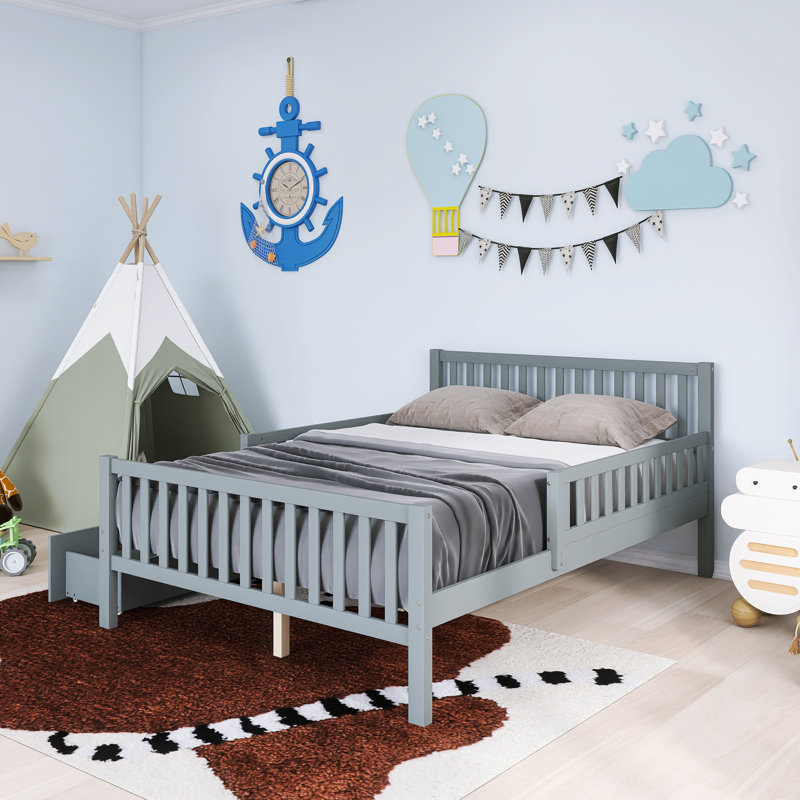 Lit plateforme double en bois avec garde-corps et deux tiroirs de rangement, Gris, Lit double