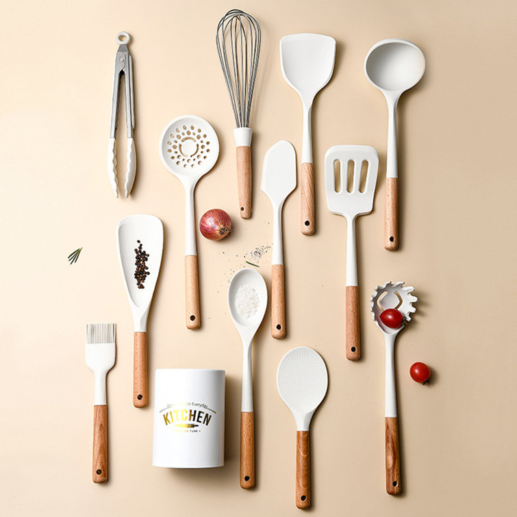 8 Piece MINI Silicone Kitchen Utensil Set- Kitchen Tools with Beechwood  Handles by Cook with Color (White)