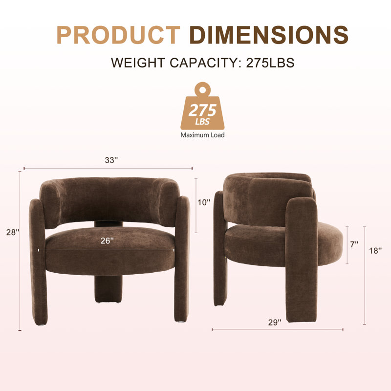 Chaise d'appoint moderne 33 po avec dossier incurvé et base à trois pieds, Brun