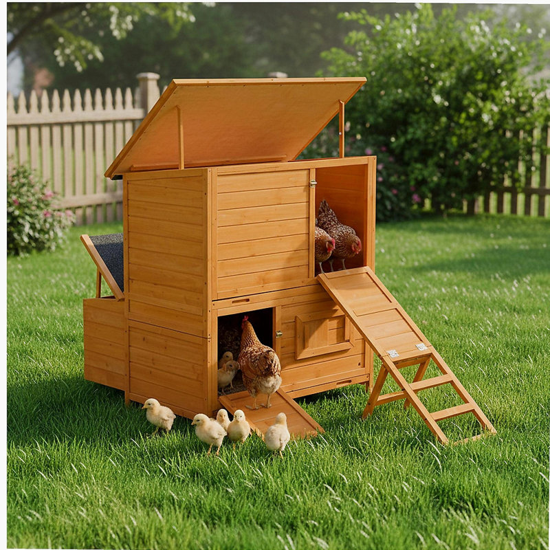 Poulailler, poulailler en bois pour 6 à 8 poules avec 3 nichoirs et 2 plateaux coulissants, avec rampe pliable et toit rabattable
