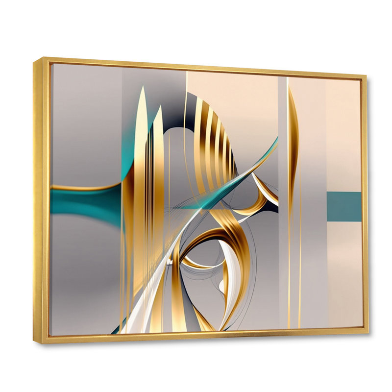 «Minimal Gold Abstraction On Turquoise Horizon I», art mural fractales, H 16 po x l 32 po x P 1 po, Cadre flottant doré