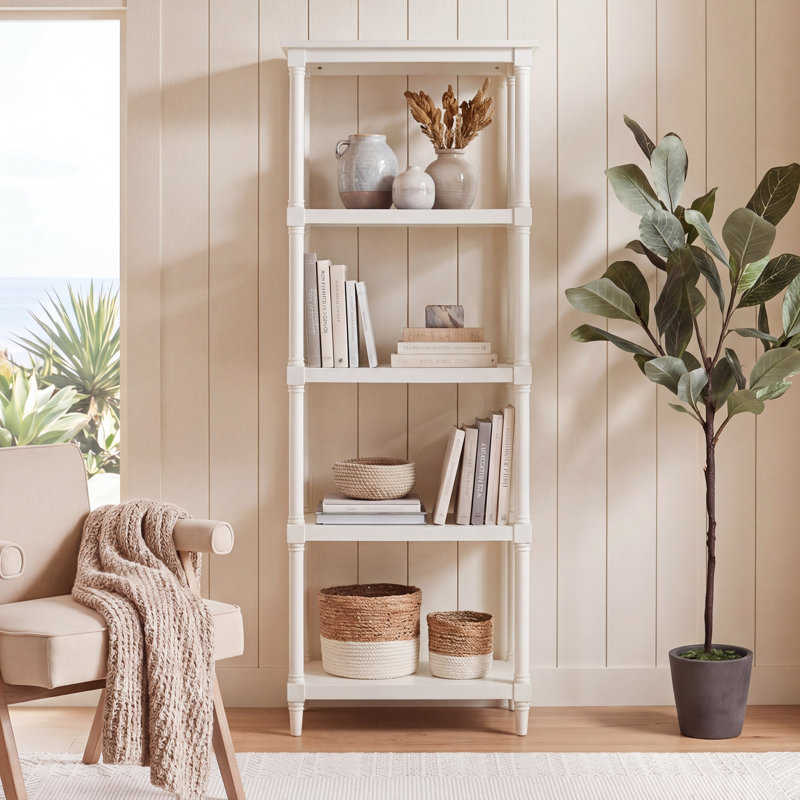 Stylish Kawamoto 4-Shelf Etagere Bookcase – Traditional Spindle Pine Design Storage for Home, Office, White