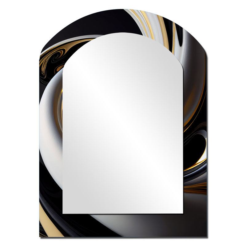 Gold Black And White Stained Glass III - Abstract Spirals Arch Decorative Mirror, Gold Asymmetrical Wall Mirror, Printed Metal Art