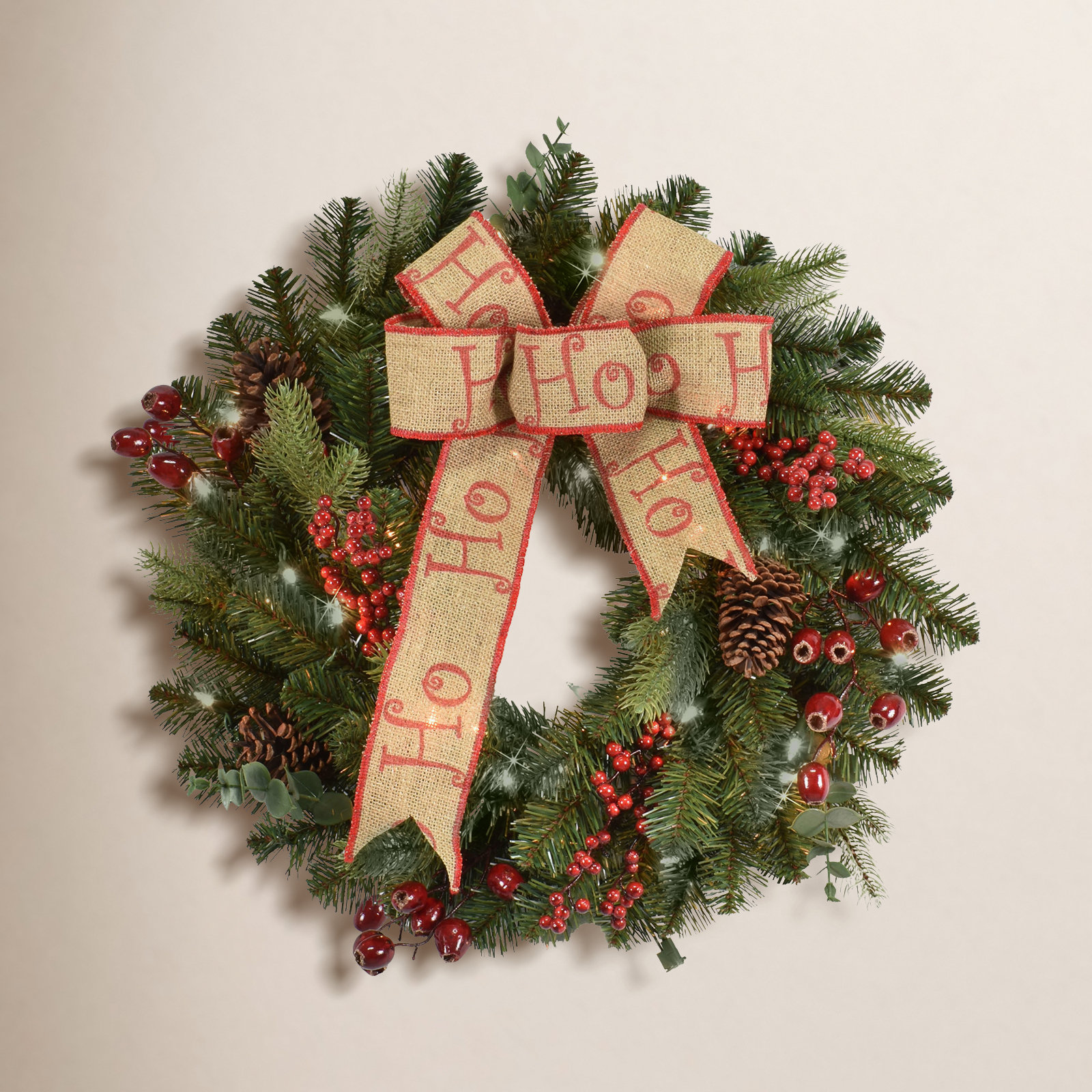 24'' Faux Pine Lighted Rattan Wreath