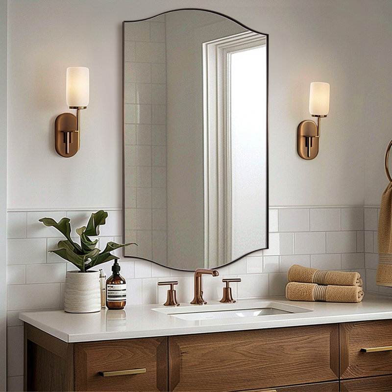 Dual Arch Scalloped Rectangular Bathroom Wall Mirror | Stainless Steel Frame, Brushed Bronze, 48" x 30"