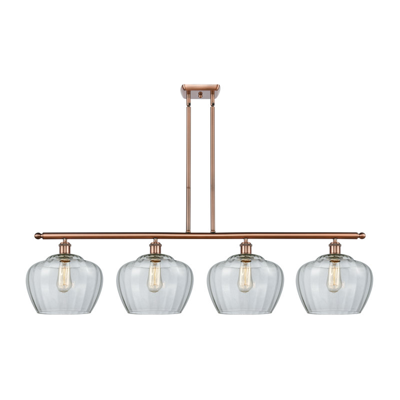 Luminaire suspendu linéaire pour îlot de cuisine 4 lumières Monténégro, Ampoule non incluse, Transparent, Cuivre antique