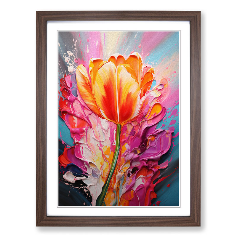 Tulip Flower Action Painting - Single Picture Frame Print on Wood, Walnut Framed, 46cm H x 34cm W