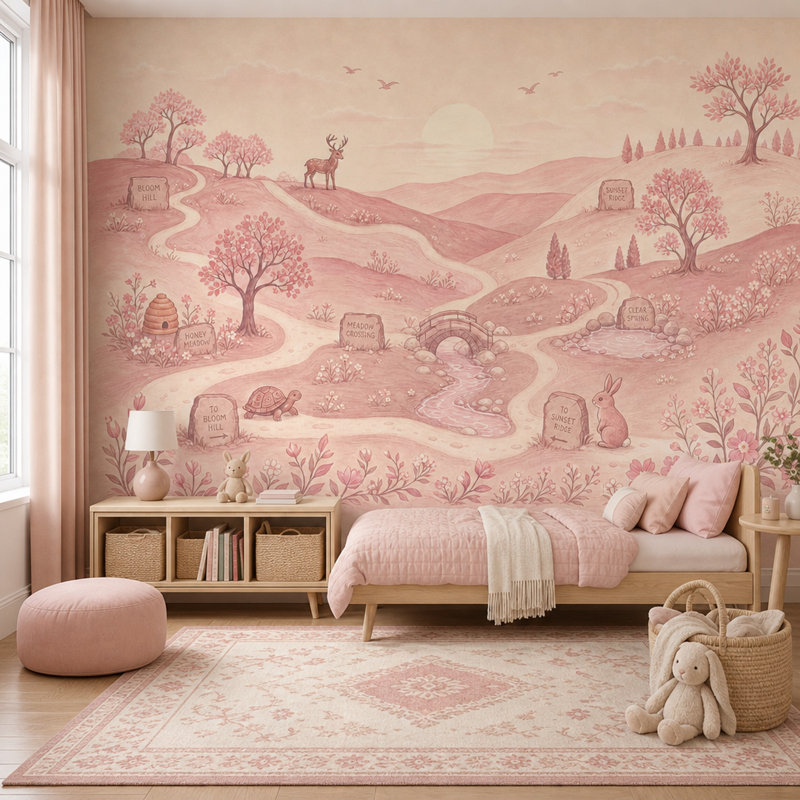 Papier peint paysage de contes amovibles rose pastel, Texturé non collé, 100"x96"