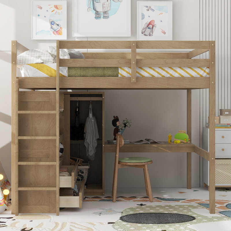 Lit mezzanine avec bureau encastré et rangement, Noyer