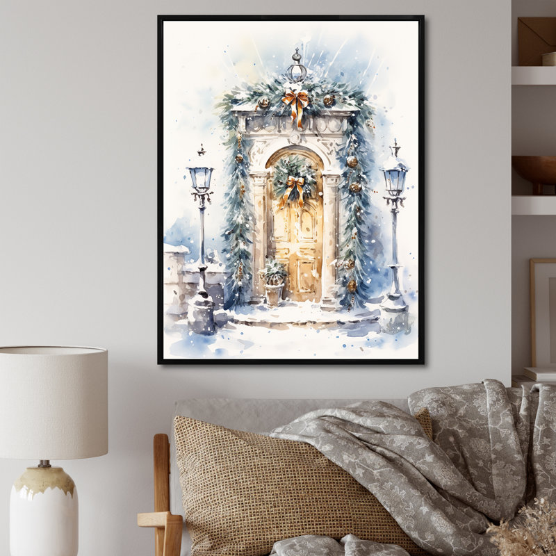 Porte de guirlande de Noël en hiver 2 - art mural de ferme, Cadre flottant noir, H 44 po x l 34 po x P 1,5 po