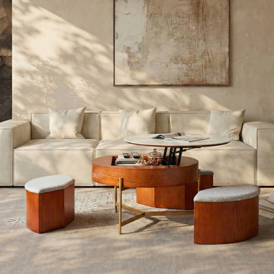 Lift-Top Round Coffee Table with Storage Stools – Sintered Stone & Walnut Veneer