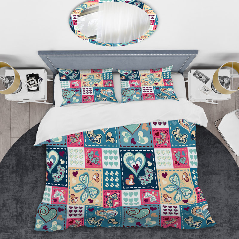 Multicolor Heart Patchwork - Ensemble de housse de couette à motif, Housse de couette pour très grand lit et 2 très