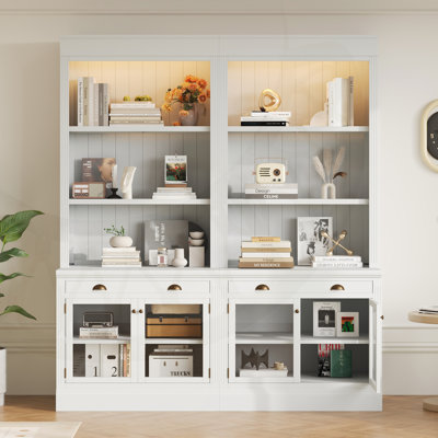 Bibliothèque haute avec éclairage à DEL, bibliothèque moderne avec 2 portes en verre et 1 tiroir, bibliothèque de rangement avec tablettes ouvertes pour le salon, le bureau personnel