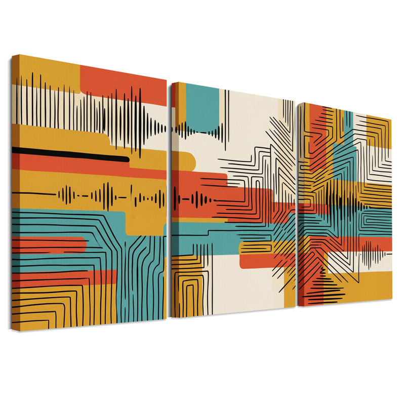 Ensemble de 3 toiles murales représentant des vagues abstraites et des lignes géométriques couleur moutarde