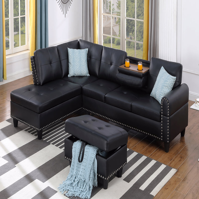 Canapé modulaire en similicuir avec repose-pieds, Noir