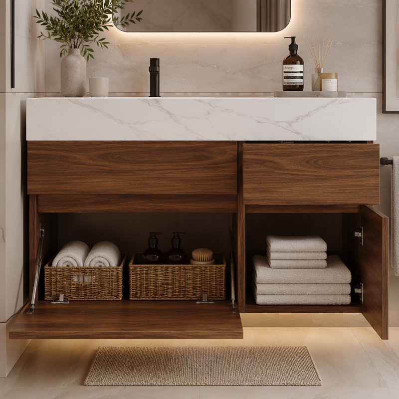 Meuble-lavabo flottant moderne de 36 po avec plateau en pierre frittée et lavabo en céramique