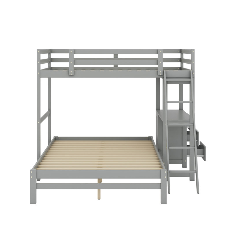Lit simple superposé au dessus d'un lit double avec bureau intégré et tiroirs, gris
