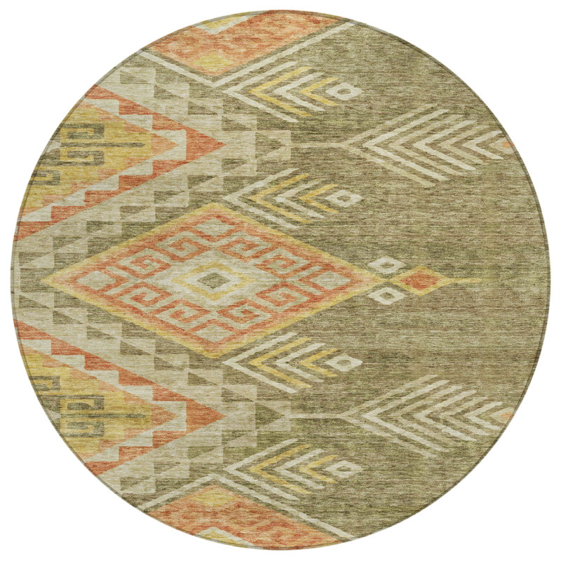 Tapis rond rond 8 pi vert et terre cuite