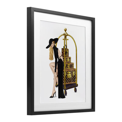 Fashionista with Hotel Luggage Framed Print Under Glass, design by Ziwei Li
