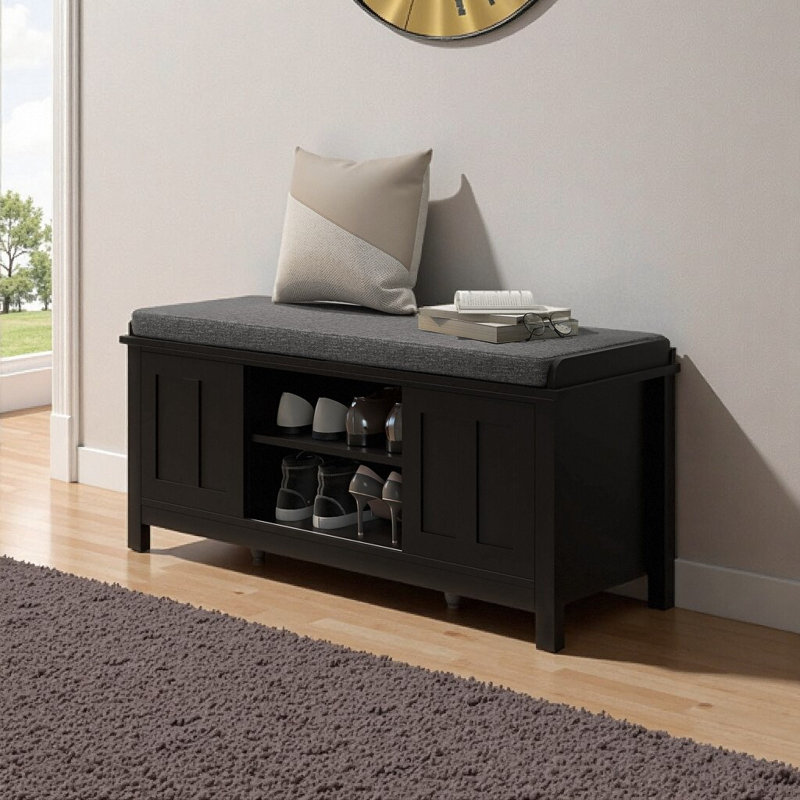 Black Entryway Shoe Bench Storage Ottoman with Sliding Doors, Adjustable Shelves & Padded Seat - Holds 10 Pairs, Black