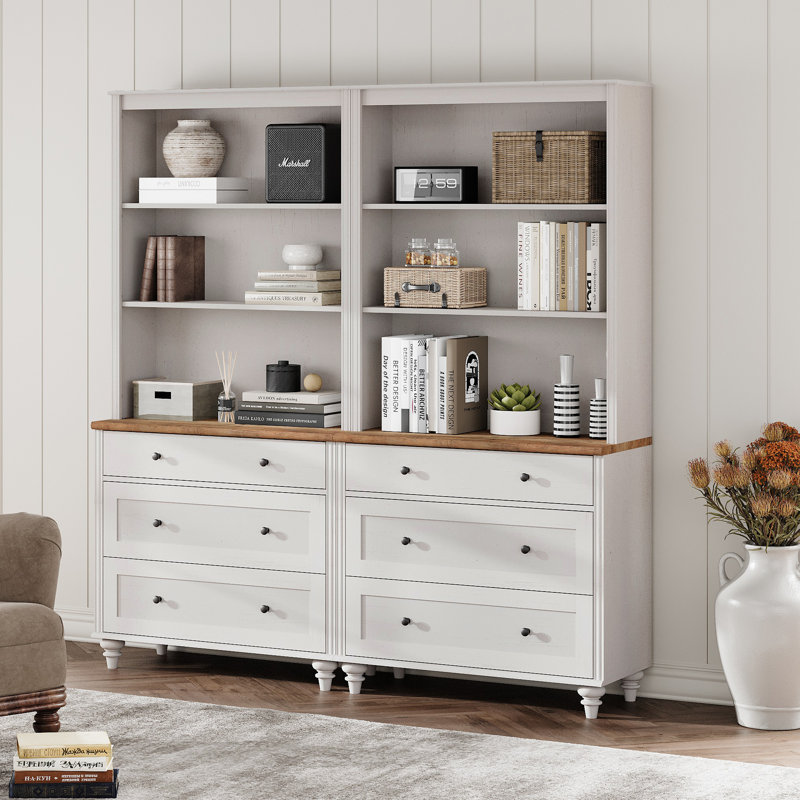Corretta 72.1"H X 67.7"W Bookcase With 3 Drawers Set Of 2, Tall Book Case With 3-Tier Open Book Shelfs, Large Wood Bookcases Farmhouse Bookshelves For Living Room Bedroom Home Office Kitchen