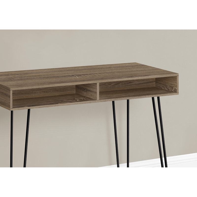 Bureau d'ordinateur à usage professionnel, stratifié brun taupe, pieds en métal robustes avec rangement pour papier, structure des pieds