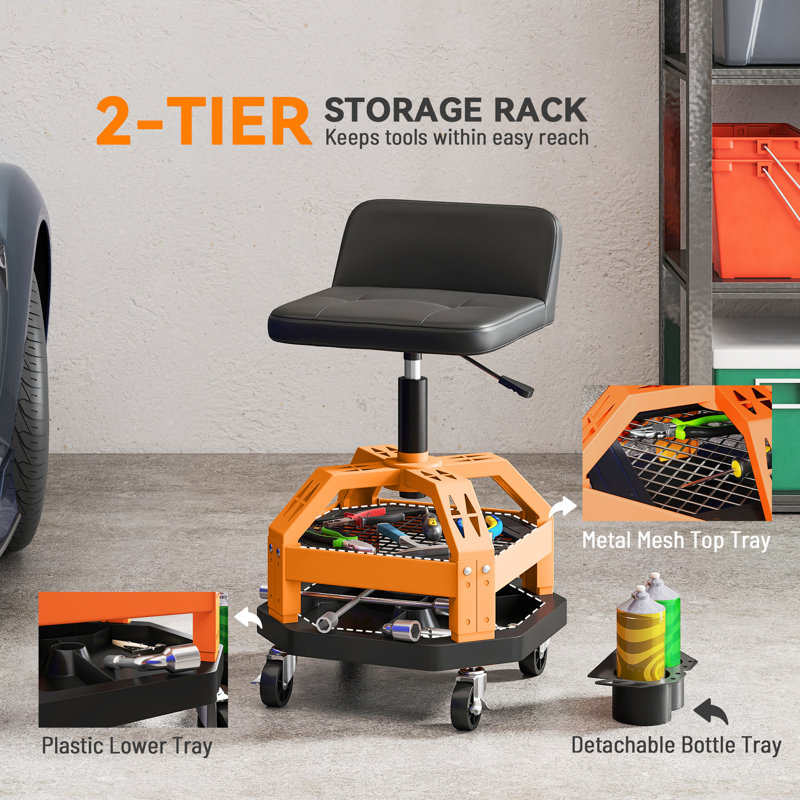 Tabouret de garage roulant roulant avec plateau à outils et hauteur réglable en jaune
