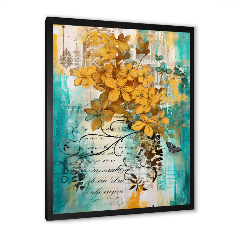 Fleurs jaunes sur turquoise, Cadre photo noir simple, H 40 po x l 30 po x P 1,5 po