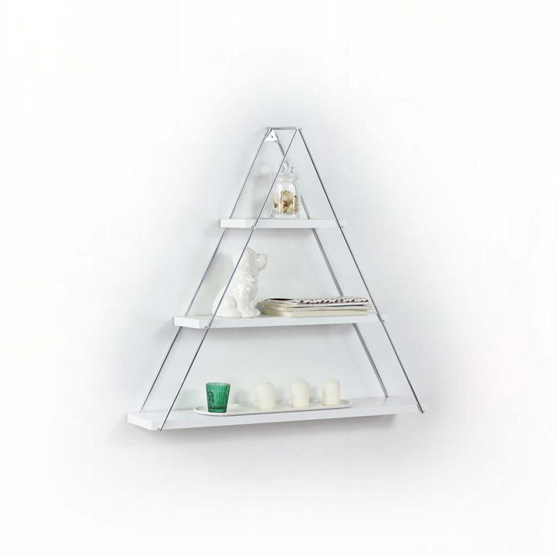 Étagère triangulaire murale suspendue en métal flottante pour livres, blanc / chrome, Blanc/chrome