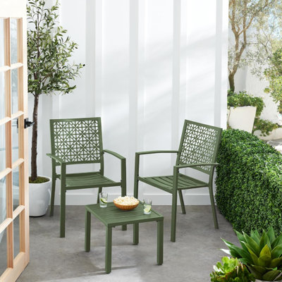 3-Piece Outdoor Bistro Set – Sage Green – Stackable Steel Furniture, 2 Chairs & Table, Modern Geometric Design For Porch/Garden
