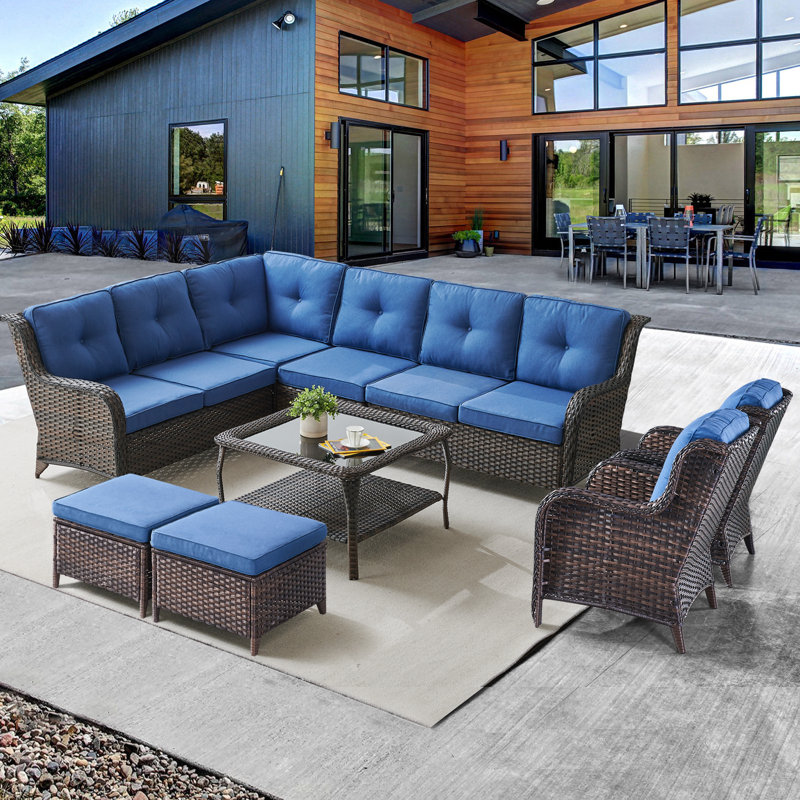 Schutt Wicker - Person Patio Conversation Set with Cushions, Brown Frame/Blue Cushion