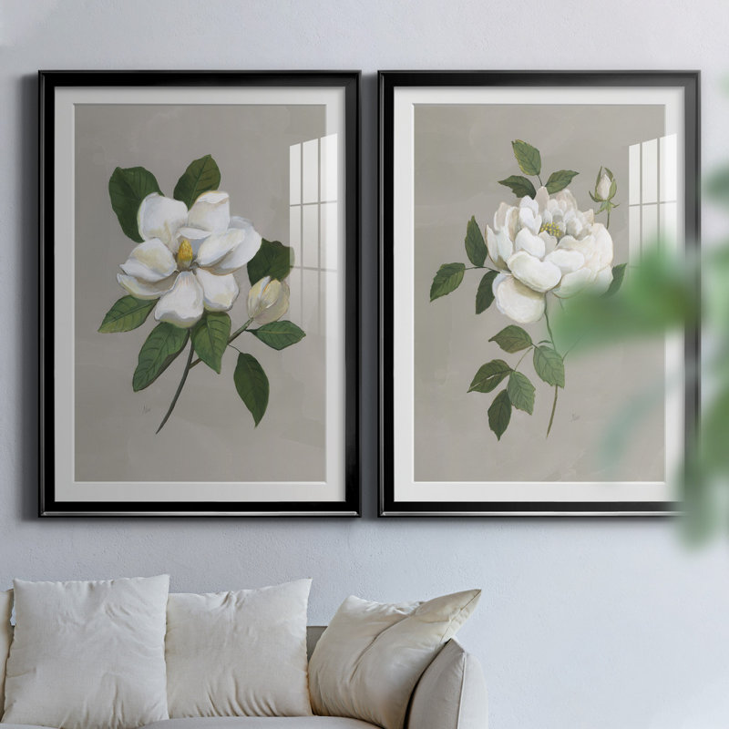 Magnolia botanique - ensemble de 2 reproductions d'art, H 26,5 po x l 73 po x P 1,5 po, Papier encadré noir, Blanc